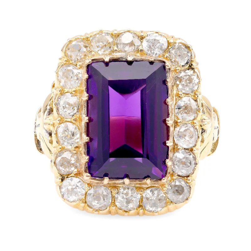 Silver Wedding Band for Women-Antique 7.5 Carat Emerald Cut Amethyst Diamond 18K Yellow Gold Cocktail Ring