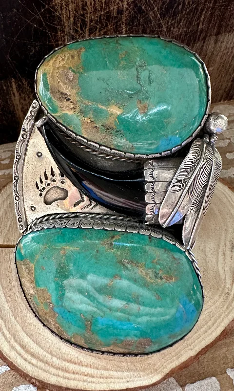 Multi-Colored Leather Bracelet-TWO FEATHERS Sandy Sangster Huge Navajo  Silver and Turquoise Cuff