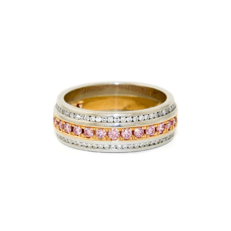 Thin Silver Bangle-Platinum + 18k Two-Tone x 6mm Pink & White Diamond Filigree Band