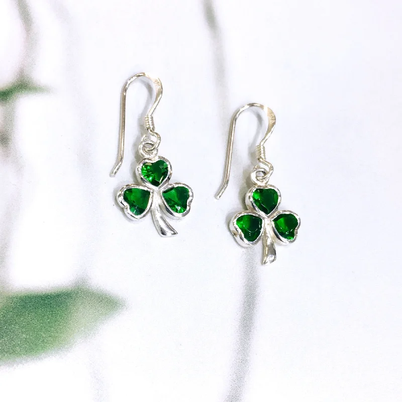 Black Hoop Earrings-Sterling Silver Green Zirconia Shamrock Earrings