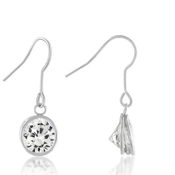 Long Silver Earrings-Noga Bezel CZ Solitaire Drop Earrings