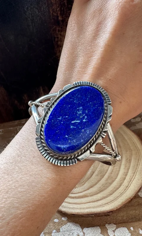 Custom Gold Bracelet for Mom-LOVELY LAPIS LAZULI Cuff 52g