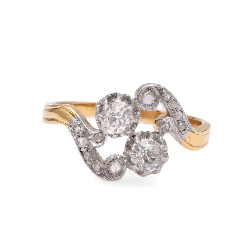 Silver Solitaire Ring-French Belle Epoque Diamond Yellow Gold Toi Et Moi Ring