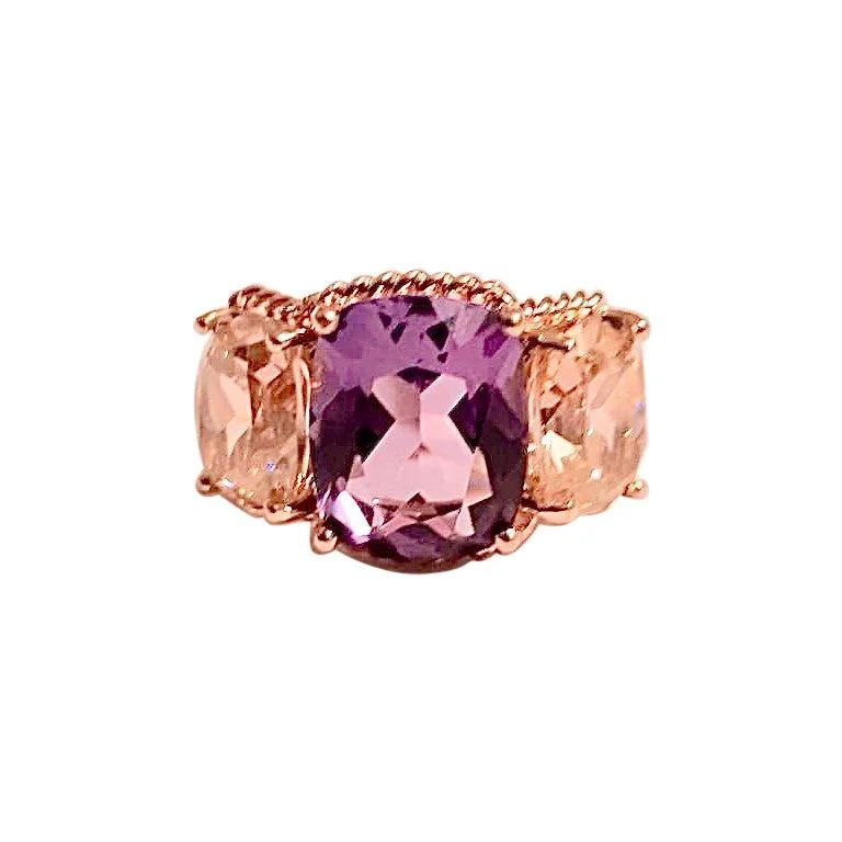 Princess Cut Engagement Ring-Mini Three-Stone Amethyst Ring and Pink Topaz with Rose Gold Rope Twist Border