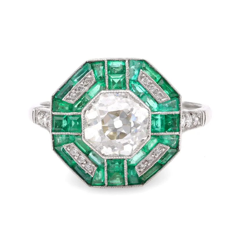 Stackable Wedding Bands-Art Deco Inspired 1.45 Carat Diamond Emerald Platinum Ring