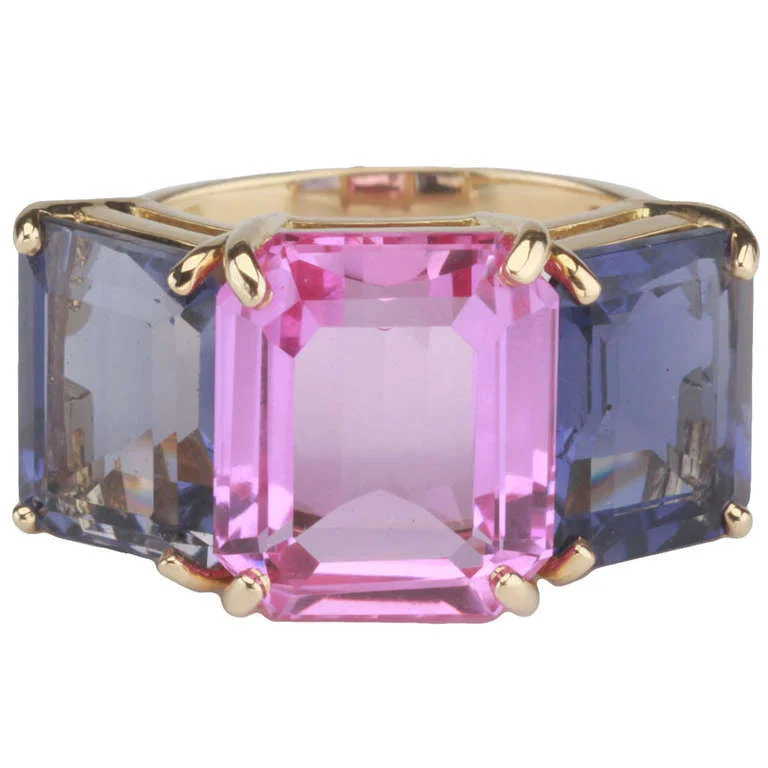 Modern Rose Gold Engagement Ring-Yellow Gold Emerald Cut Ring with Pink Topaz and Iolite