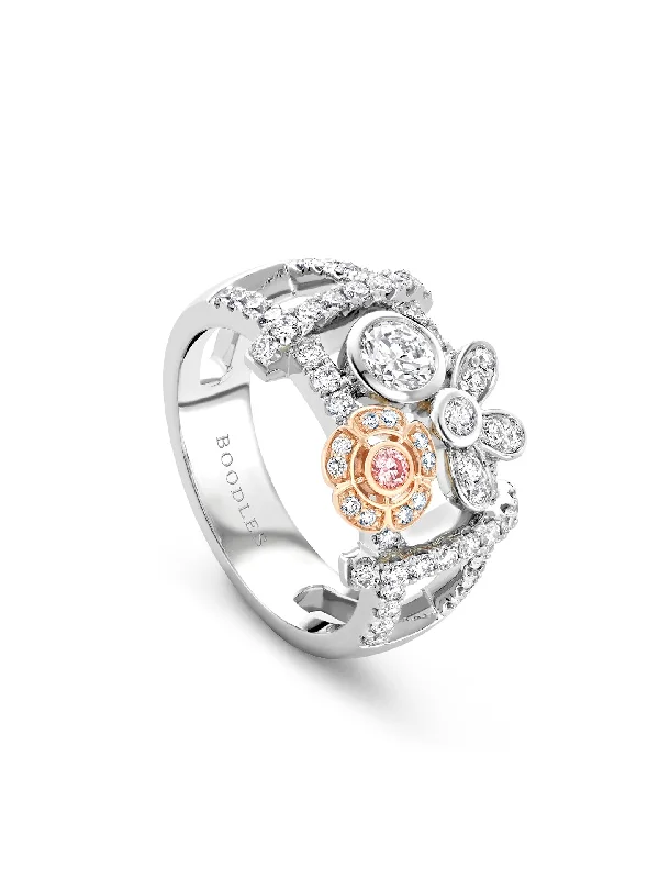 Thin Gold Ring for Women-Secret Garden Pink and White Diamond Ring