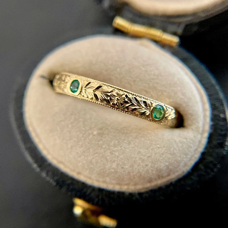 Elegant Diamond Ring-Hand Engraved Ring w Five Emeralds