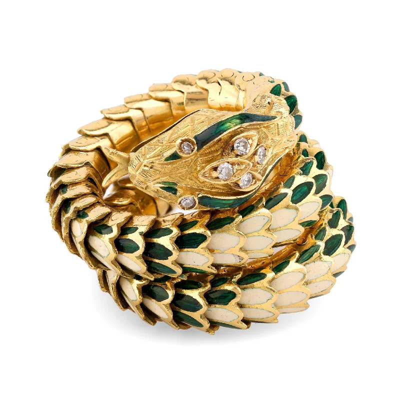 Wedding Ring with Ruby-Vintage Italian Diamond 18K Gold Green and White Enamel Chunky Snake Wrap Ring