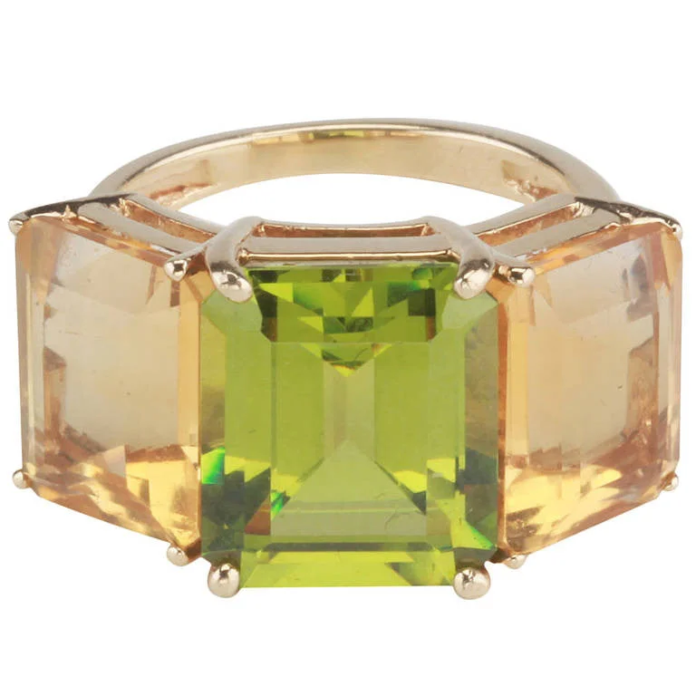 Personalized Birthstone Ring-18kt Yellow Gold Emerald Cut Ring with Citrine and Peridot