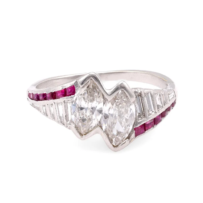 Personalized Couples Ring-Art Deco Diamond Ruby Platinum Two Stone Ring