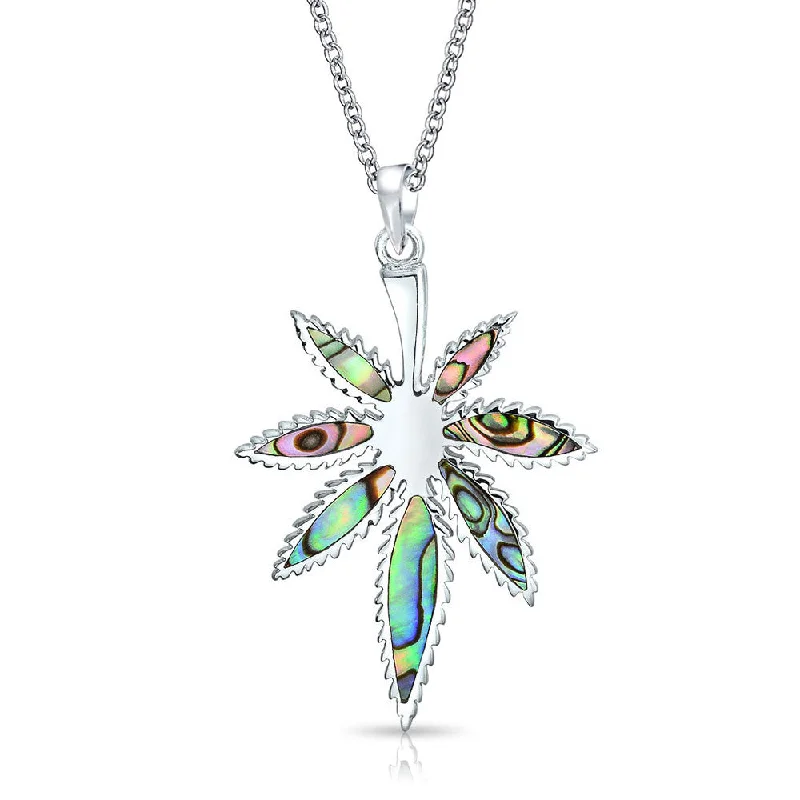 Green Gem Necklace-Unisex Rainbow Abalone Shell Marijuana Leaf Pendant Necklace with Silver Chain