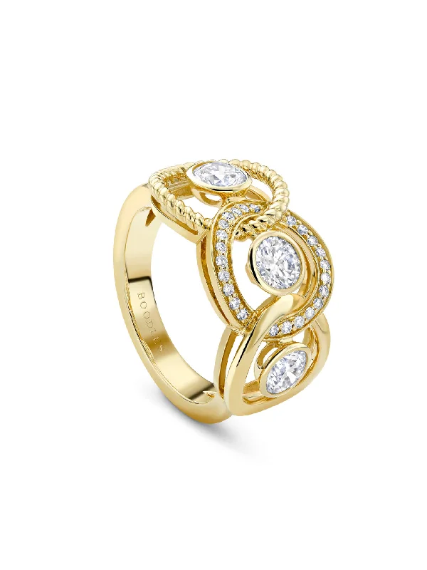 Men's Stainless Steel Ring-Roulette Triple Diamond Yellow Gold Ring