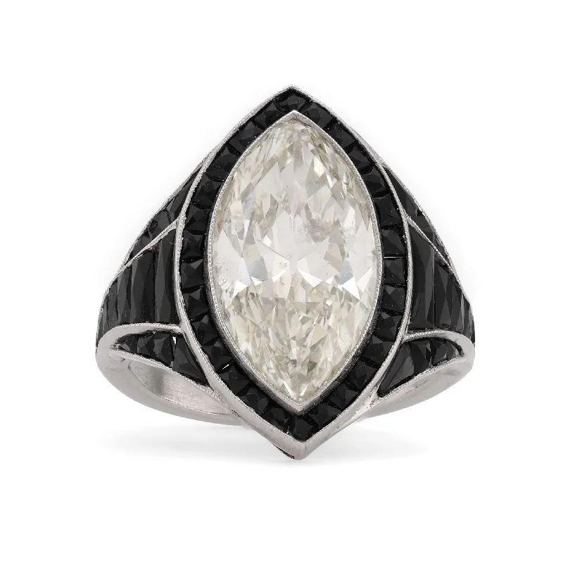 Silver Wedding Ring Set-Art Deco Style 6.59 Carat Oval Cut Diamond Onyx Platinum Cocktail Ring