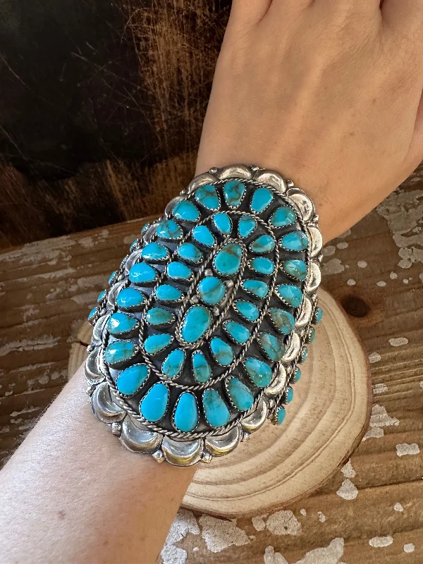 Leather Bracelet with Metal Accents-BLUE HOWLITE CLUSTER Cuff 48g