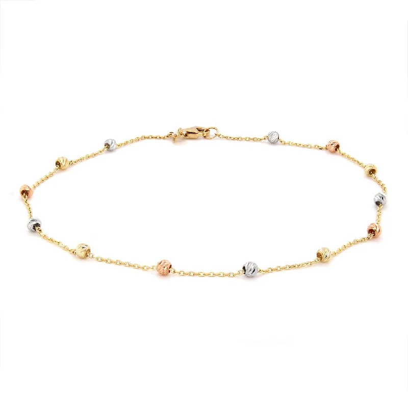 Adjustable Bangle for Women-TRI-TONE GOLD DIAMOND CUT BEAD ANKLET