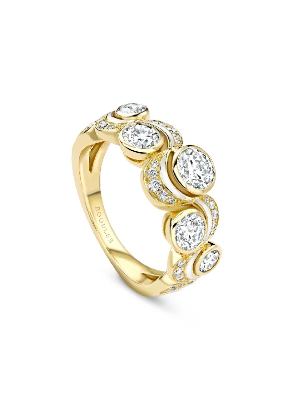 Oval Cut Diamond Ring-Over the Moon Diamond Enamel Yellow Gold Ring