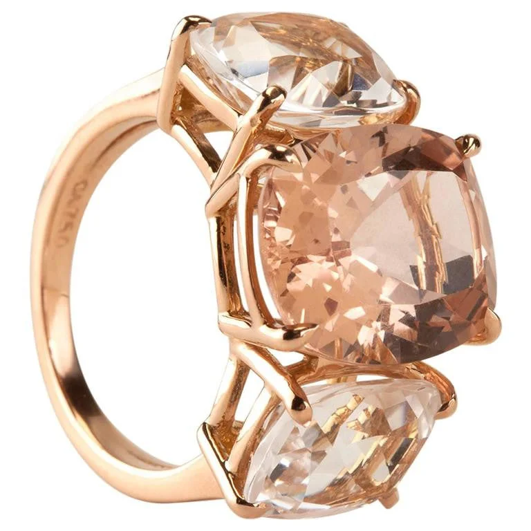 Classic Wedding Band-Morganite and Rock Crystal Rose Gold Three Stone Cushion Ring