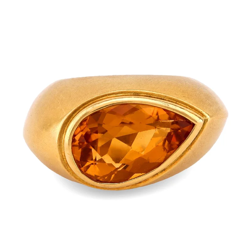 Sterling Silver Ring for Women-Vintage 4.3 Carat Pear Shape Citrine 18K Yellow Gold Bezel Ring