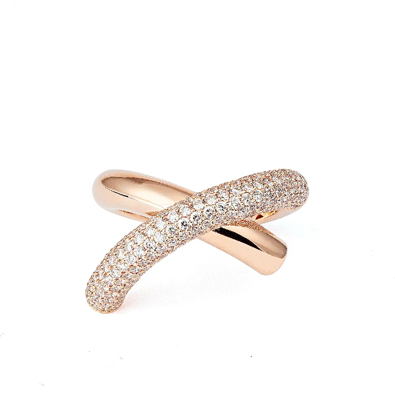 Wedding Ring with Colored Gemstones-Cross Loop Medium Half Pavé 18K Rosegold Ring w. Diamonds