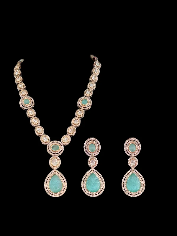 Luxury Chain Necklace for Women-DNS54 Reema high quality Polki necklace set - mint blue  ( READY TO SHIP )