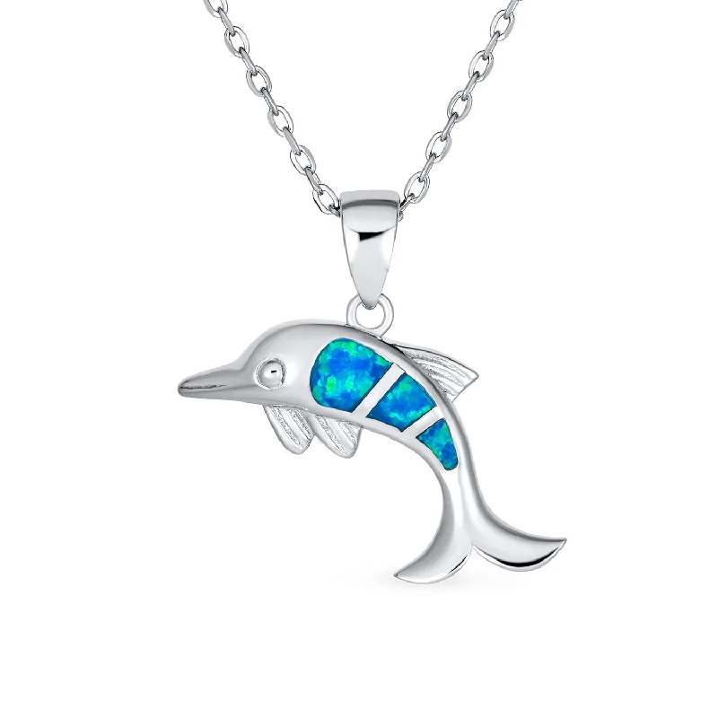 Custom Name Necklace for Gift-Gemstone Blue Opal Dolphin Pendant Necklace in Sterling Silver - Nautical Ocean Theme