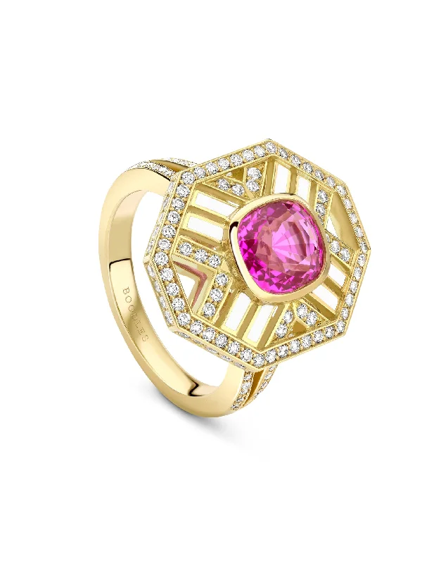 Vintage Diamond Ring-Fifth Avenue Cushion Pink Sapphire Yellow Gold Ring