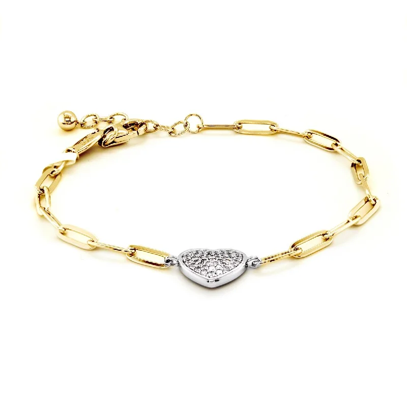 Luxury Charm Bracelet-GOLD PLATED STERLING SILVER PAPERCLIP CHAIN WITH PAVE CZ HEART