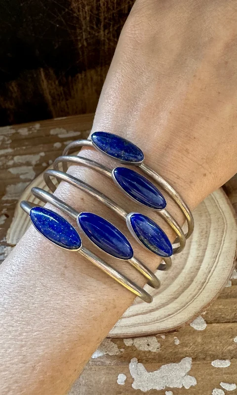 Colorful Bead Bangle-BLUE LAPIS LAZULI Sterling Silver Cuff 42g