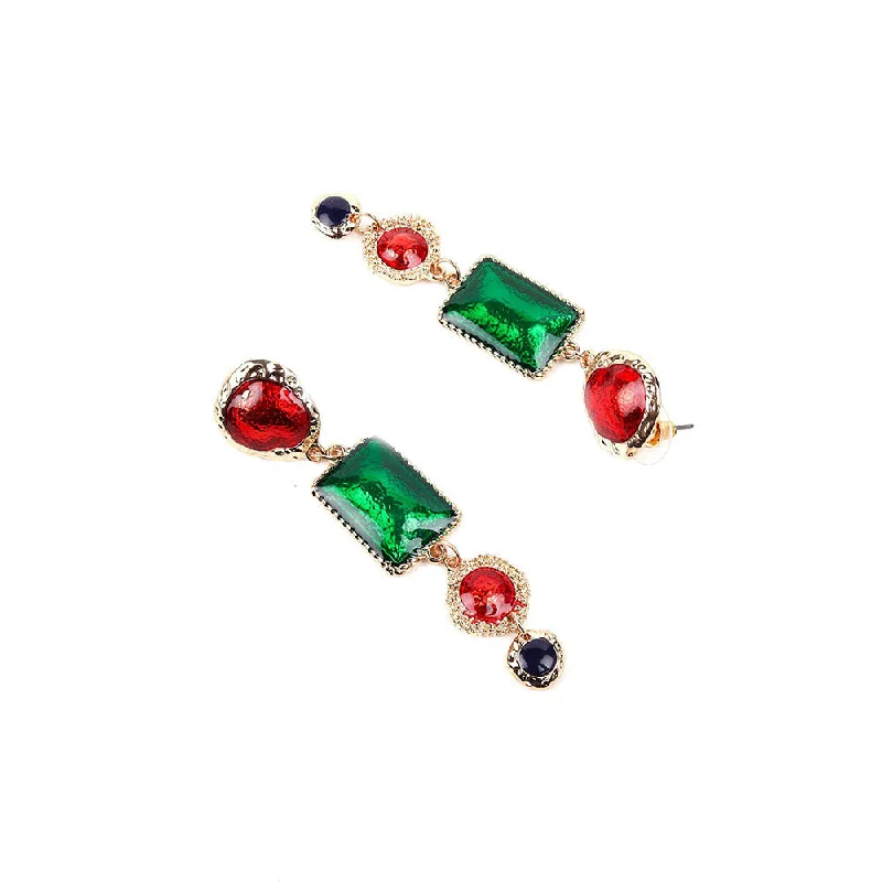 Unique Pearl Earrings-Odette Red,Green,Black Stone Embellished Ethnic Earrings