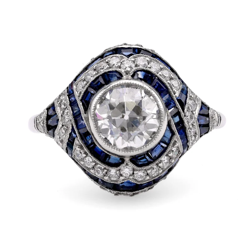 Wedding Ring Set with Diamonds-Art Deco Inspired 1.22 Carat Diamond Sapphire Platinum Ring