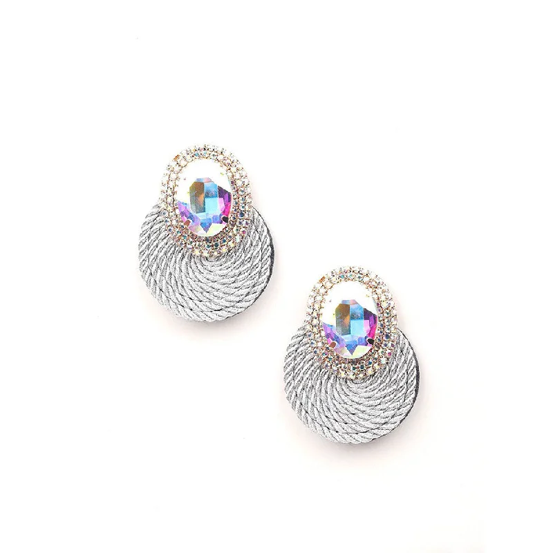 Cute Stud Earrings for Kids-Odette Crystal Stone Rope Round Earrings-Grey