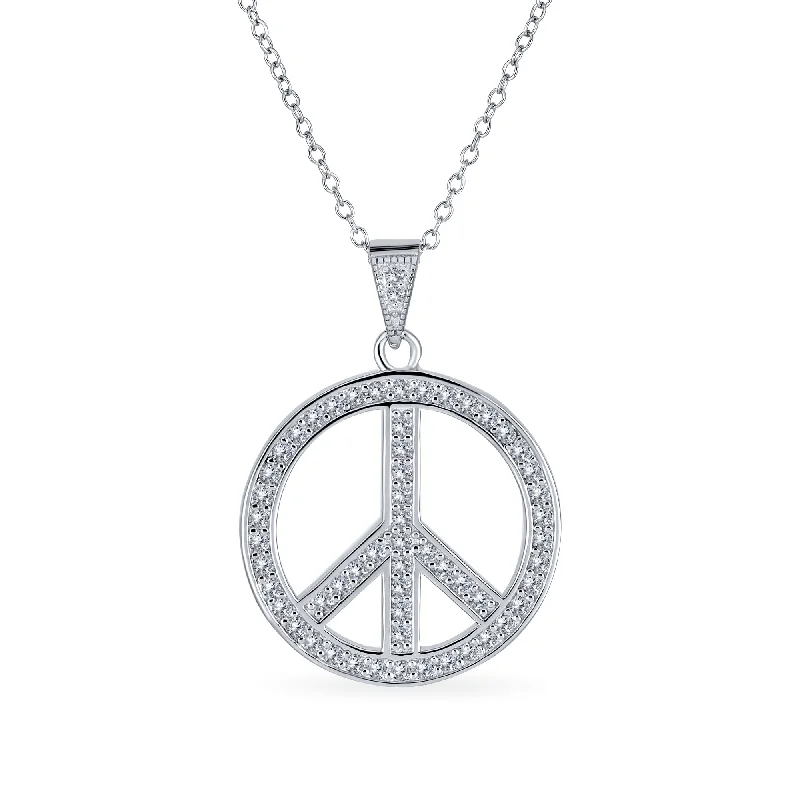 Birthstone Pendant Necklace-Pave CZ Peace Sign Pendant Necklace in Sterling Silver with Chain