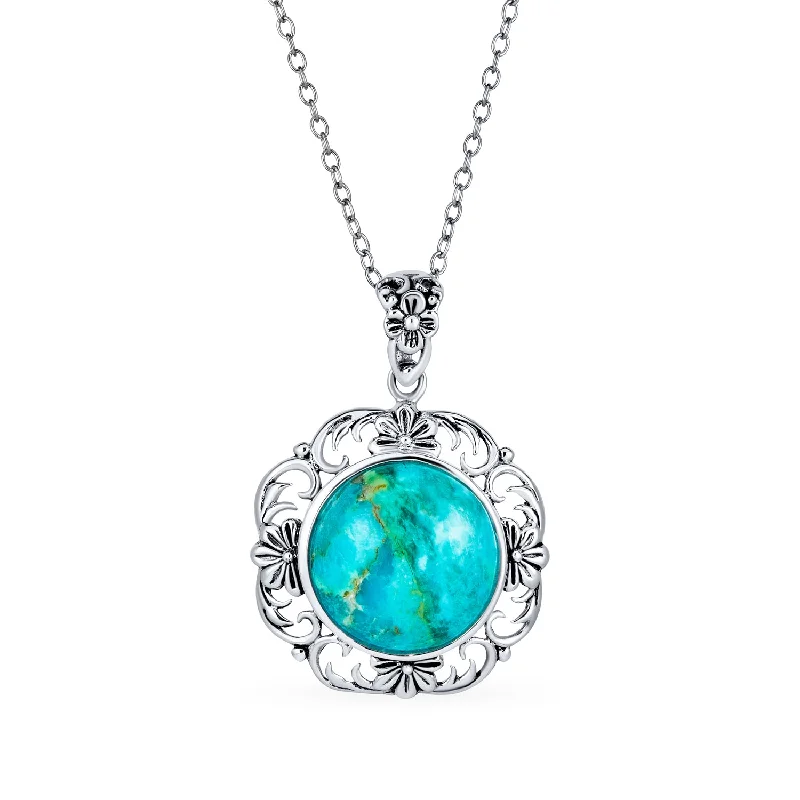 Simple Chain Necklace-Western Jewelry Turquoise Gemstone Octagon Medallion Pendant Necklace in Silver