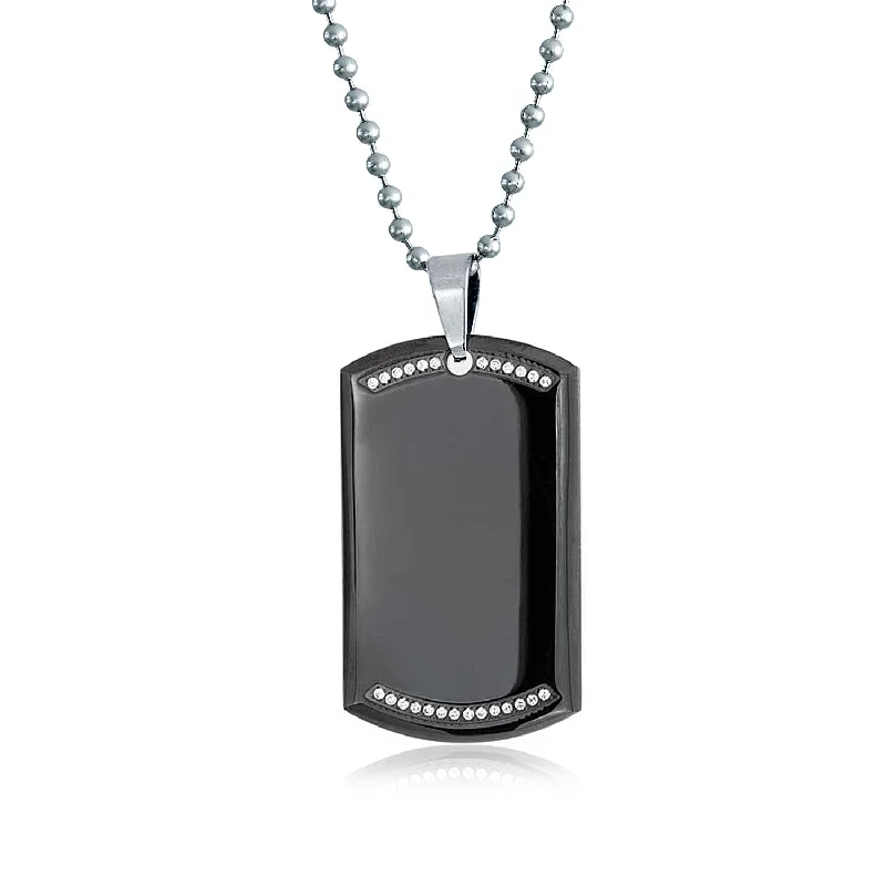 Silver Name Necklace-CZ Edge Black Dog Tag Pendant Necklace for Men Stainless Steel 24" Bead Chain