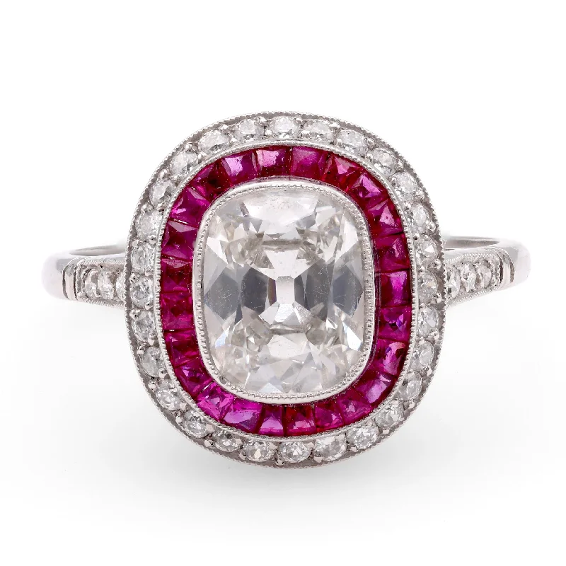 Custom Diamond Promise Ring-Art Deco Inspired 1.24 Carat Diamond Ruby Platinum Target Ring