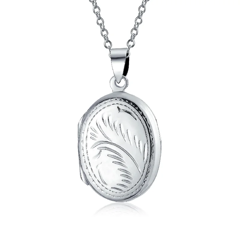 Gold Link Necklace-Vintage Floral Leaf Oval Locket Necklace for Photos Silver Pendant Medium