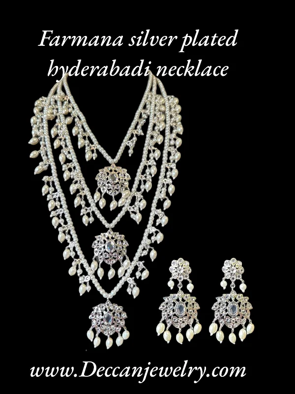 Dainty Silver Necklace-SAT76 Farmana three layer Hyderabadi  necklace with earrings ( READY TO SHIP )