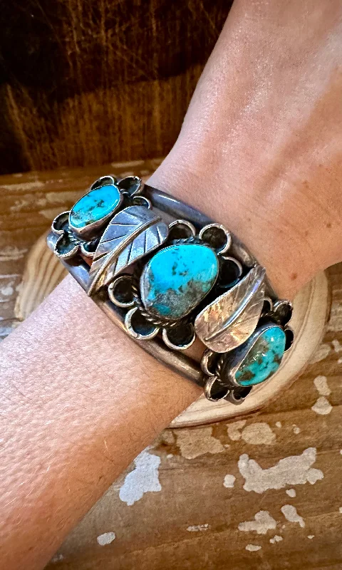 Custom Diamond Bracelet for Women-APPLIQUE FLOWER CUFF Navajo Turquoise Sterling Silver Cuff 54g