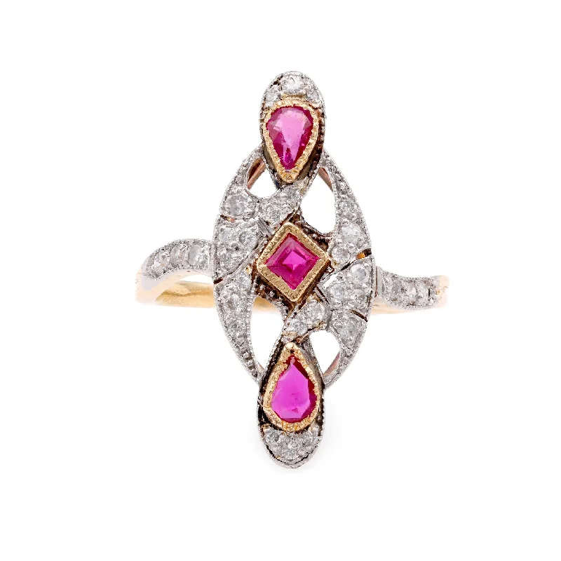 Chunky Gold Ring-French Ruby Diamond Two Tone Navette Ring