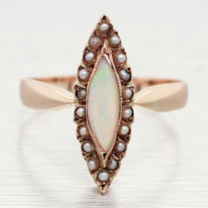 Men’s Wedding Ring with Engraving-Antique Art Deco Opal Marquise Cocktail Ring - 14k Yellow Gold w/ Seed Pearls