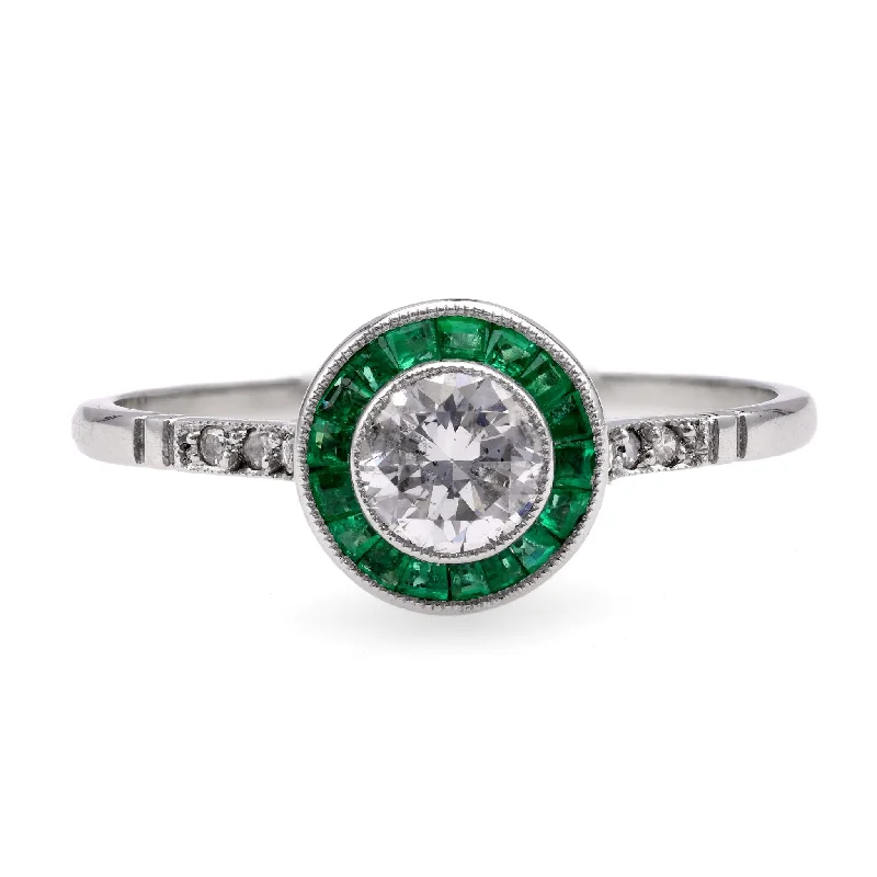 Classic Gold Engagement Ring-Art Deco Inspired Diamond Emerald Platinum Engagement Ring