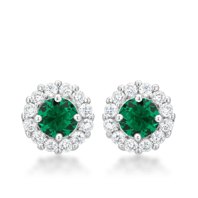 Silver Jewelry Earrings-Belle Emerald Green Halo Stud Earrings | 2ct