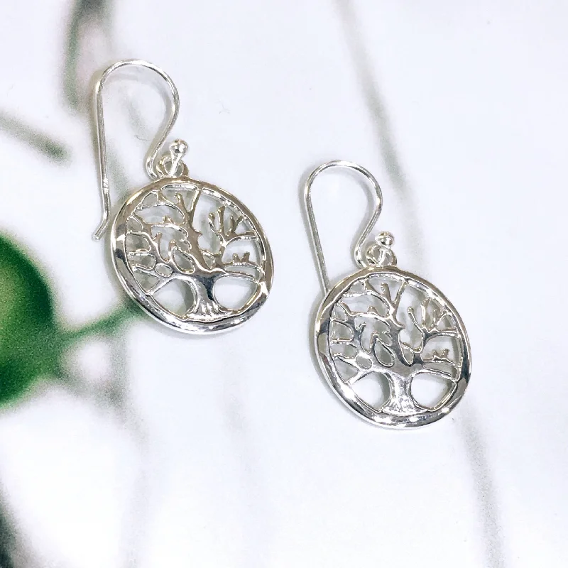 Unique Earrings for Party-Sterling Silver Tree of Life in Circle Earrings