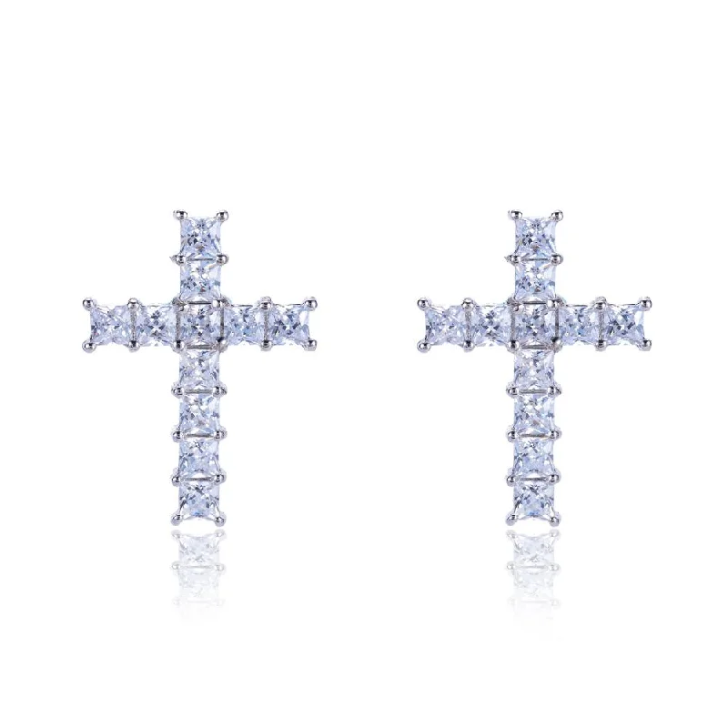 Swarovski Crystal Earrings-Lori Princess CZ Cross Silvertone Stud Earrings