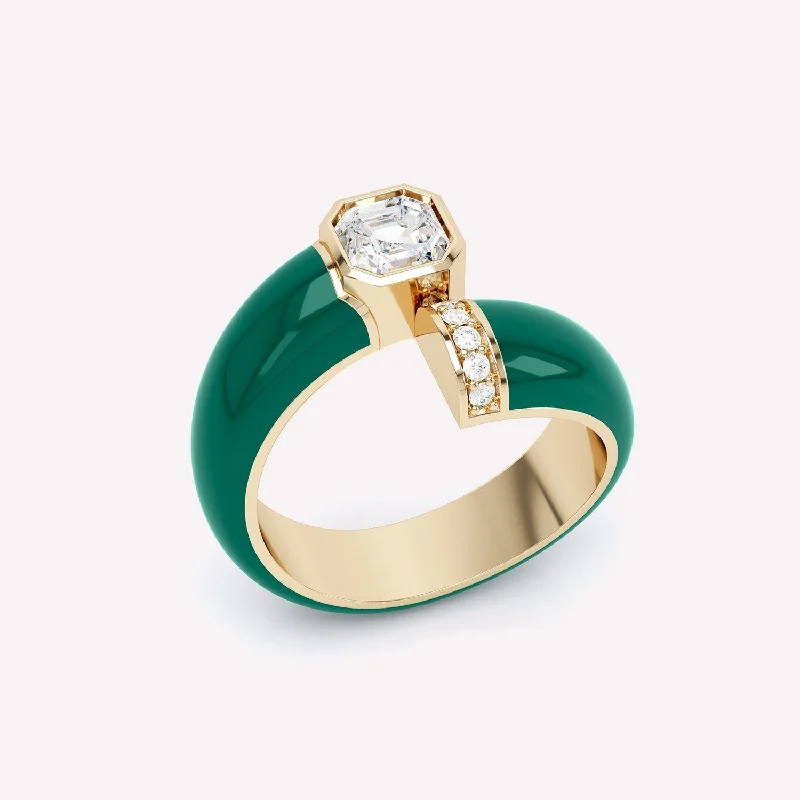 Emerald Cut Engagement Ring-Toi et Moi Green Asscher 18K Gold Ring w. Lab-Grown Diamonds