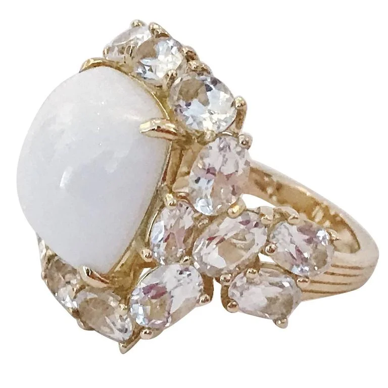 Elegant Sapphire Ring-White Jade and White Topaz Yellow Gold Classic Cocktail Ring