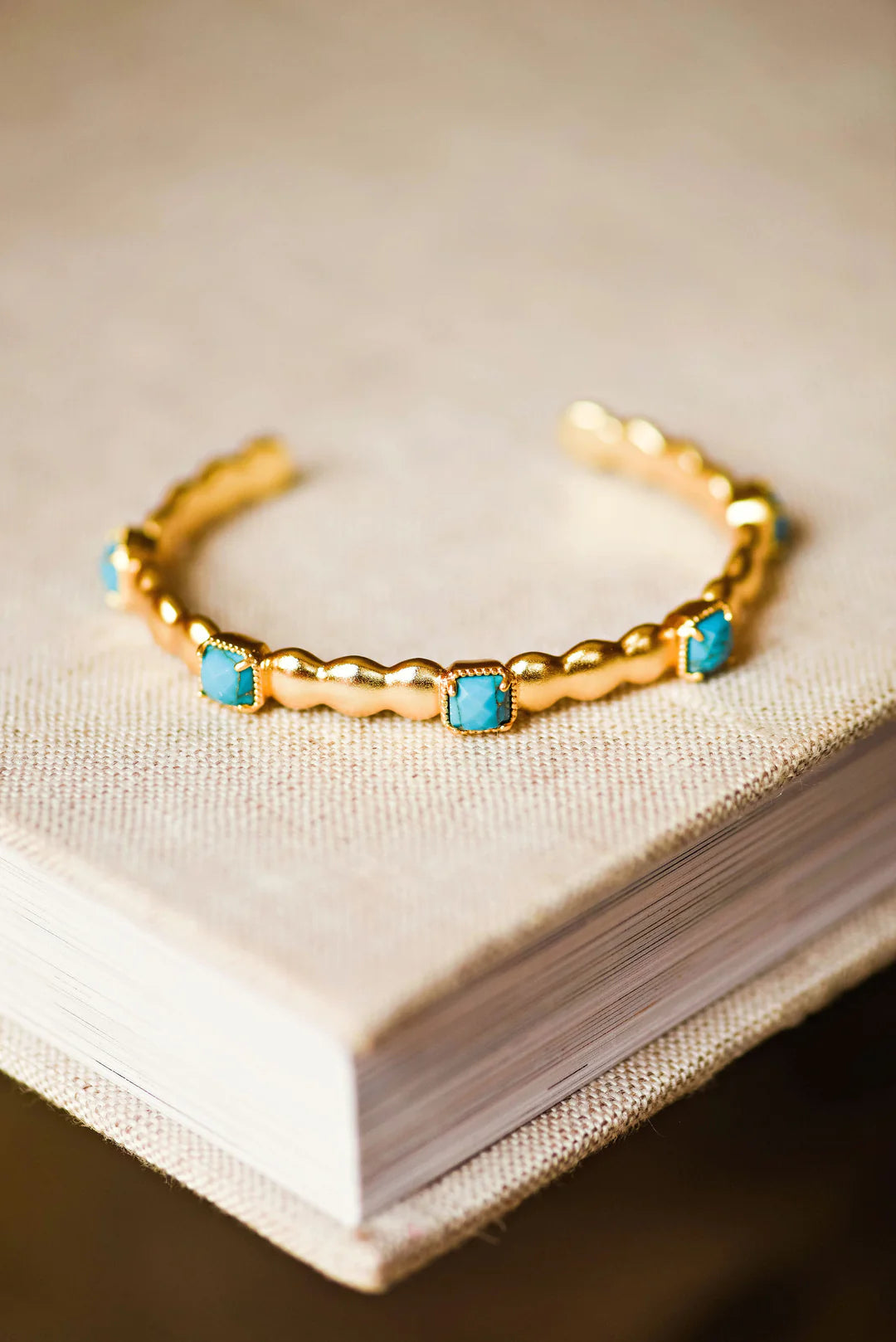 Gold Gemstone Bracelet-Tatum James Designs Sydney Square Stone Cuff- Turquoise