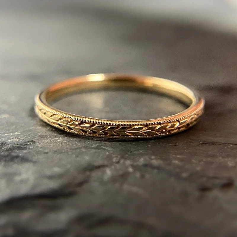 Custom Wedding Ring Set-Hand Engraved 18k Wheat Band