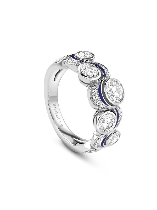 Adjustable Silver Ring-Over the Moon Diamond Enamel Platinum Ring